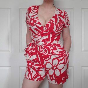 Boden Caroline Red White Floral Print Jersey Short Sleeve Jumpsuit Romper Sz 10